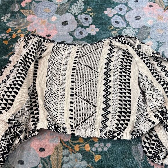 Ivy Jane Tribal Knit Aztec Button-Front Crop Cardigan Sweater Puff Sleeve Boxy - Picture 8 of 14